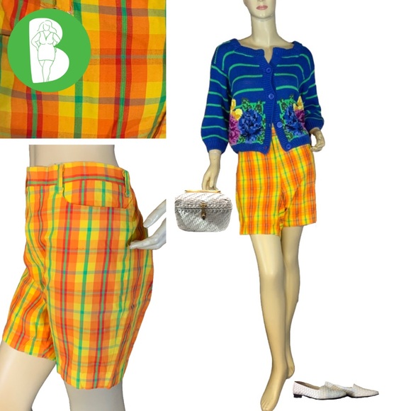 Vintage Pants - VINTAGE 1990'S ORANGE, GREEN, RED & YELLOW PLAID COTTON BLEND SHORTS (L)